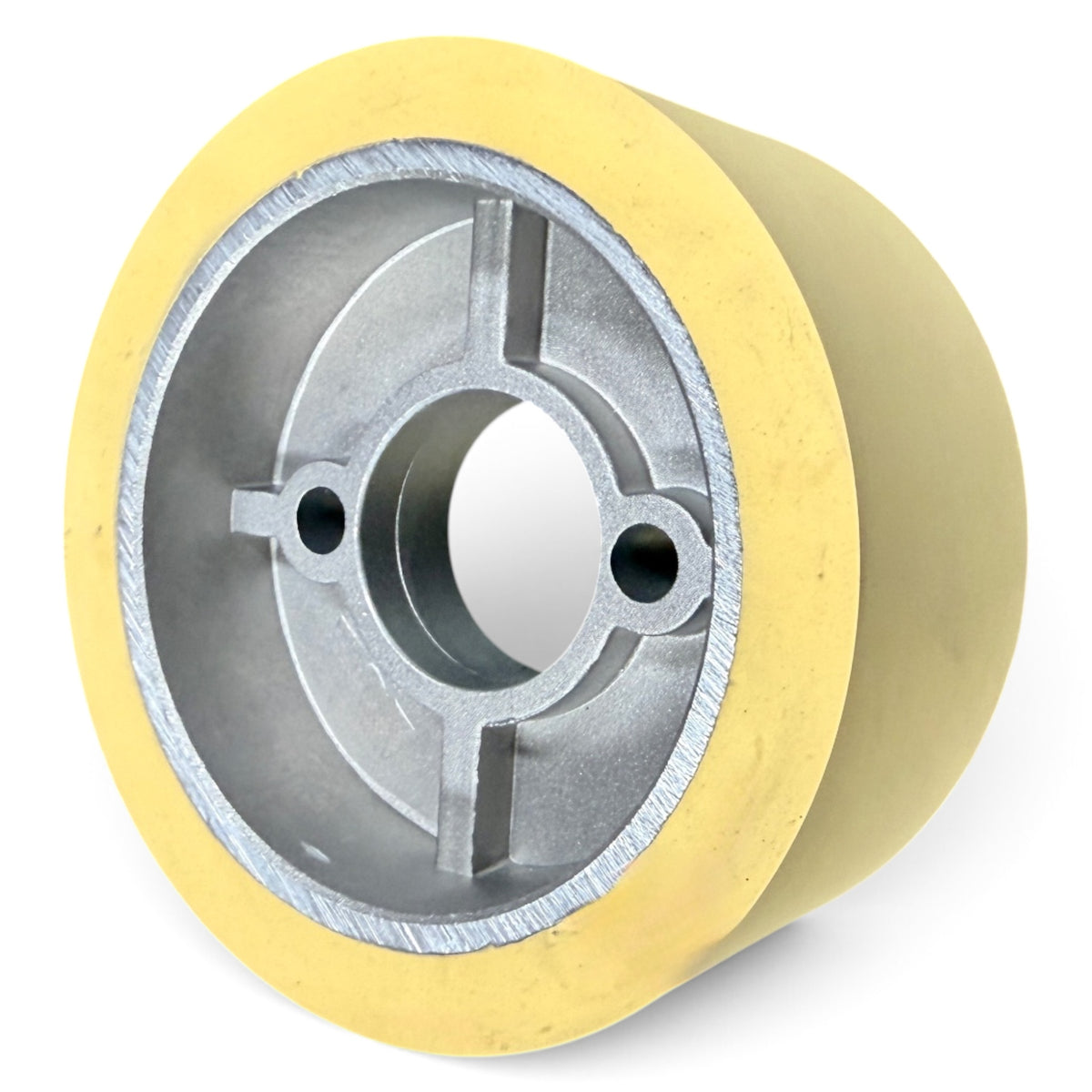 Vorschubrolle 110 x 50 mm HighGrip mit Aluminiumkern – einzelne Rolle, gelbe PU-Lauffläche