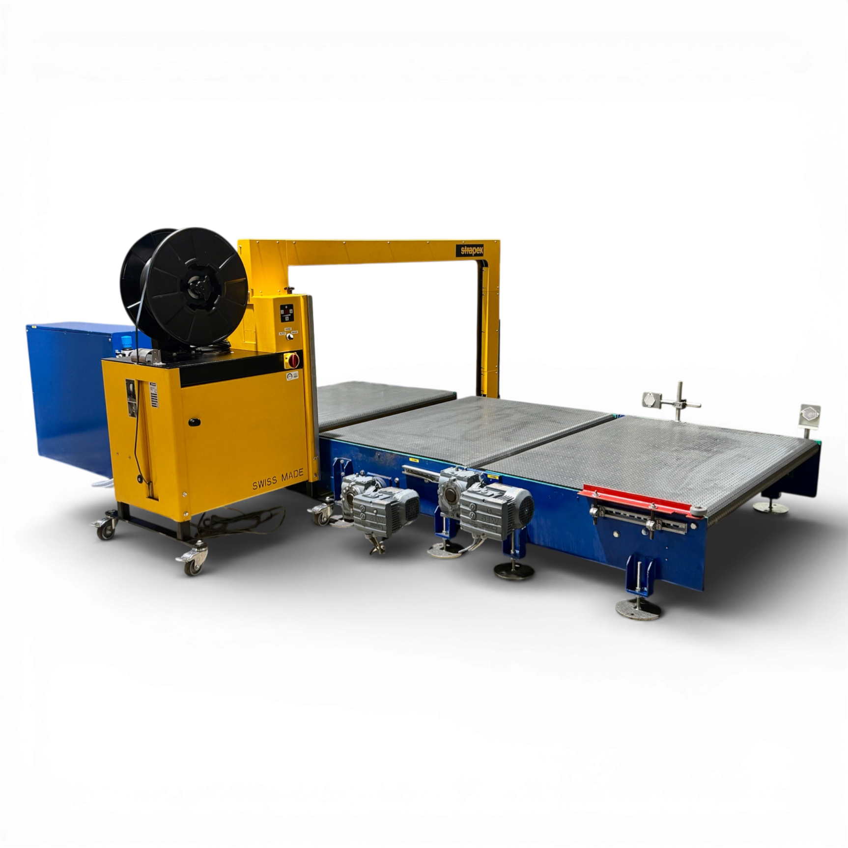 Strapex SMG 65 automatische Umreifungsanlage mit Fördertechnik und modularen Gliederbandförderanlage