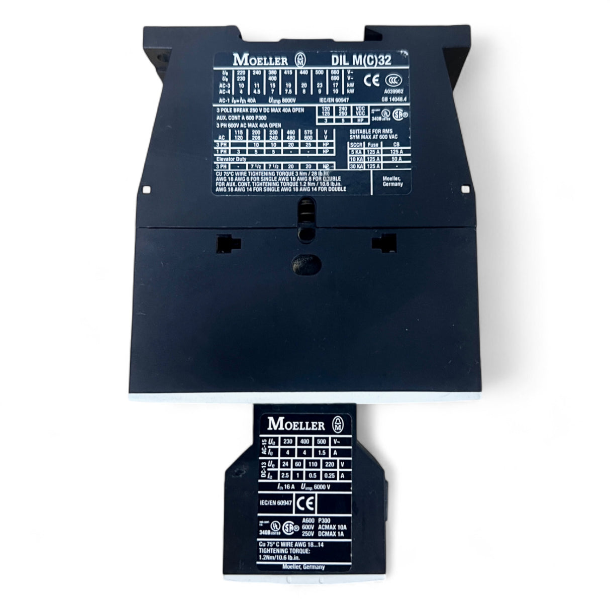 Moeller DIL MCKlöckner Moeller DIL M(C)32 Schütz + Hilfskontaktblock – 3-polig, 40 A AC-1 / 32 A AC-3 – z. B . Homag