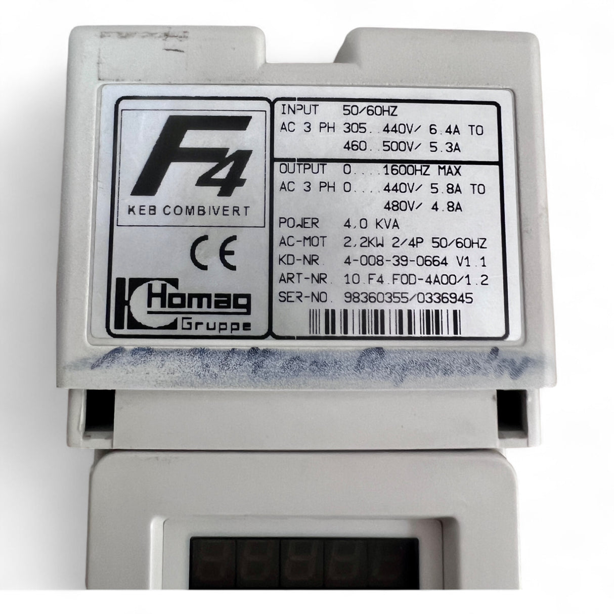 HOMAG Frequenzumrichter KEB COMBIVERT F4 – Typ 10.F4.F0D-4400.1.2 – Art.-Nr. 4-008-39-0664 V1.1 – Seriennr. 98360355/0336945