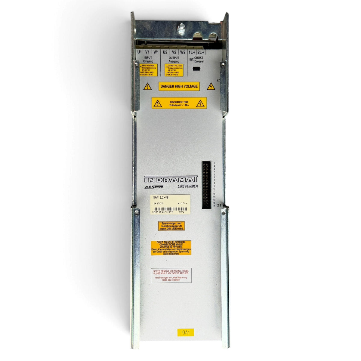 Indramat NAM 1.2-08 Line Former 246505 gebraucht, SN 246526-11894 – Frontansicht mit Anschlüssen U1/V1/W1, U2/V2/W2 und interner Drossel