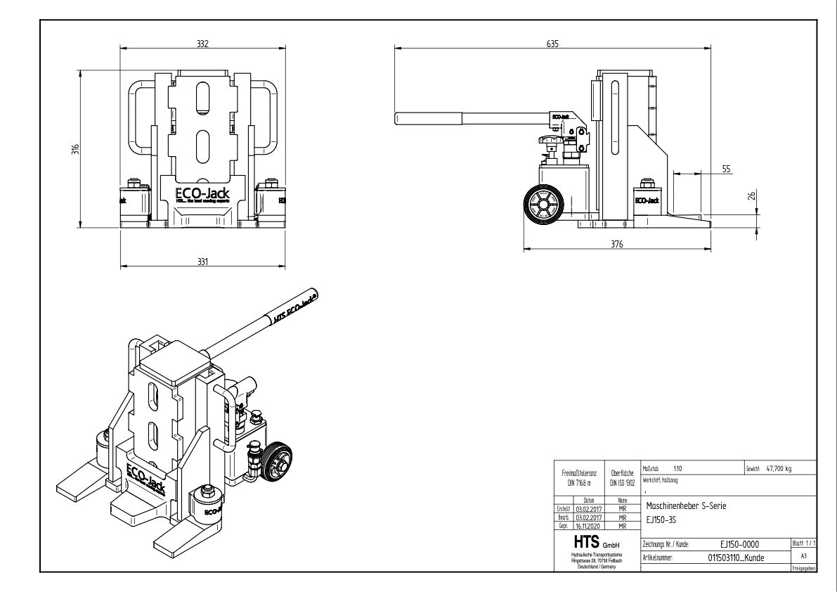 Maschinenheber EJ150-3S Traglast 15,0 to 15.000 KG Hydraulisch – Ansicht 16
