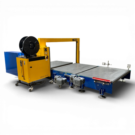 Strapex SMG 65 automatische Umreifungsanlage mit Fördertechnik und modularen Gliederbandförderanlage