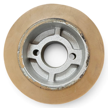 Vorschubrolle 120 x 60 mm mit brauner PU-Lauffläche und Aluguss-Kern – Ø 35 mm Bohrung, 2 Nebenbohrungen 8,5 mm, Bohrungsabstand 48 mm