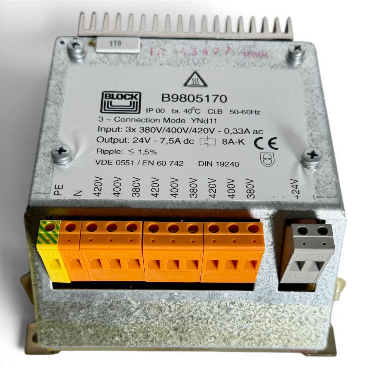 BLOCK Dreiphasen-Steuertransformator 24V DC 7,5A Art.-Nr. B9805170