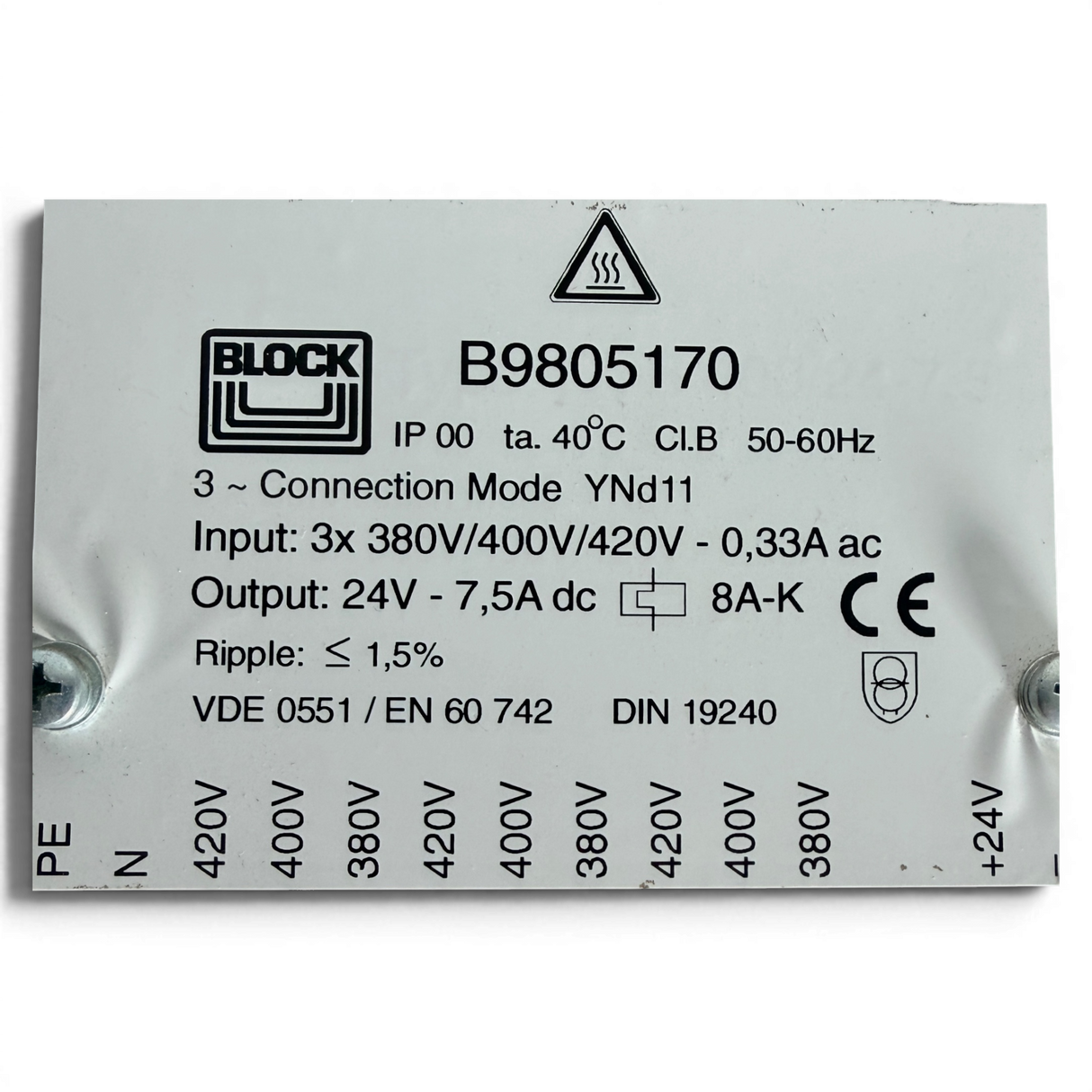 BLOCK Dreiphasen-Steuertransformator 24V DC 7,5A Art.-Nr. B9805170 – Ansicht 5