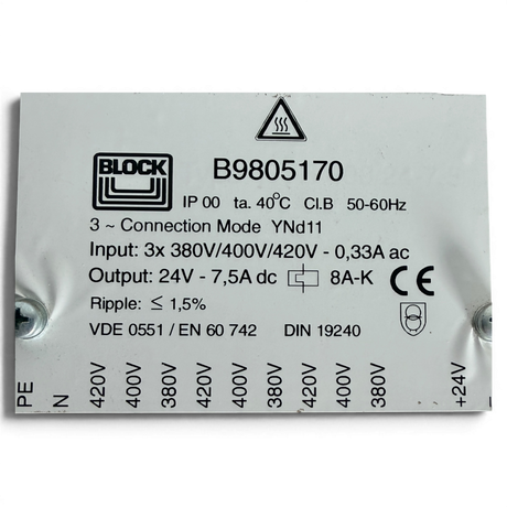 BLOCK Dreiphasen-Steuertransformator 24V DC 7,5A Art.-Nr. B9805170 – Ansicht 5