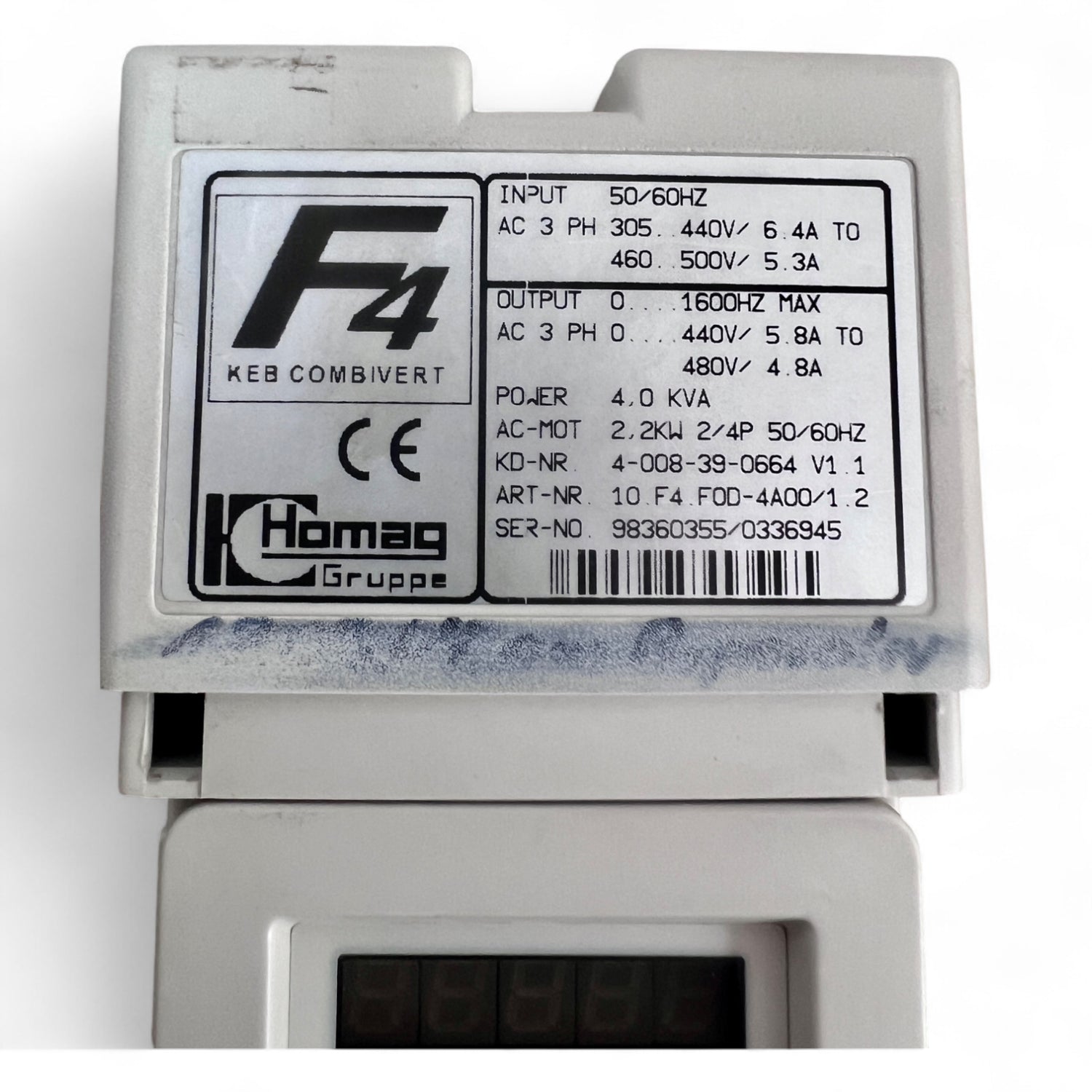 HOMAG Frequenzumrichter KEB COMBIVERT F4 – Typ 10.F4.F0D-4400.1.2 – Art.-Nr. 4-008-39-0664 V1.1 – Seriennr. 98360355/0336945
